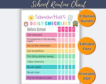 Op de afbeelding: Een kleurrijk visueel schema voor kinderen met de tekst "KIDS VISUAL SCHEDULE" en "School Routine Chart". De checklist bevat dagelijkse taken zoals aankleden en tandenpoetsen. Het ontwerp bevat illustraties van zon, klok en schoolbus. Bevat de tekst "2 Option Bundle", "Editable Font" en "Printable PDF".