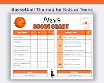 Puede incluir: Tabla de tareas con temática de baloncesto para niños o adolescentes. Presenta un gráfico de baloncesto, una lista de tareas y una tabla semanal. Incluye espacio para metas y recompensas. La tabla es editable, imprimible y de descarga instantánea.