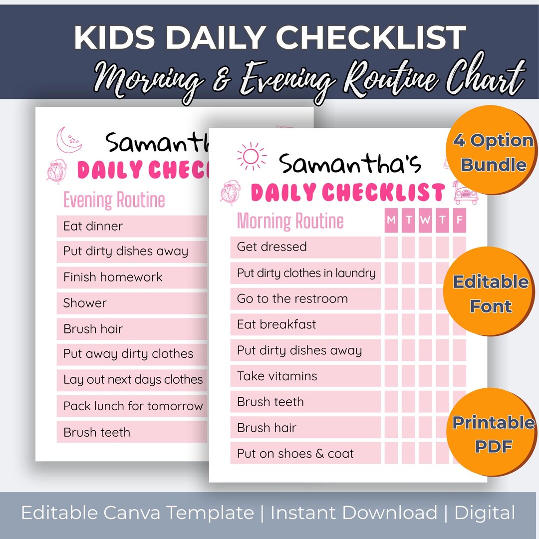Editable Kids Daily Routine Chart: Morning and Bedtime Checklist Pink ...