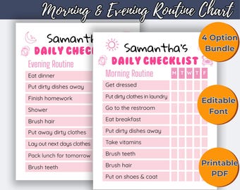 May include: A pink and white kids' daily checklist with morning and evening routines. The checklist includes tasks like getting dressed, eating breakfast, and brushing teeth. The image also includes the text "Editable Canva Template | Instant Download | Digital."