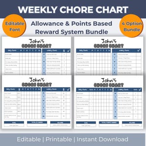 Editable Kids Chore Chart Bundle: Weekly Responsibility Chart Blue (Canva Printable), Allowance Tracker Kids Routine Chart Visual Schedule
