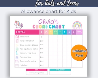 May include: A colorful chore chart for kids and teens, featuring a unicorn and rainbow design. The chart includes spaces for chores, daily tasks, and a total earned section. The text reads "Weekly Chore Chart" and "Allowance chart for Kids."