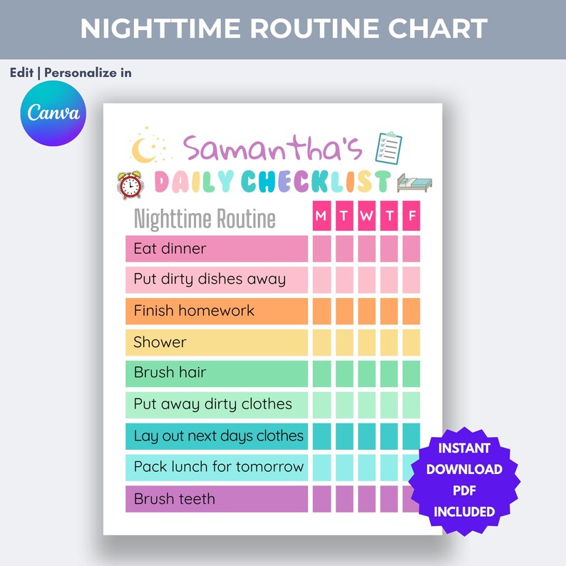 Puede incluir: Un colorido gr&aacute;fico de rutina nocturna imprimible con el texto "Samantha's Daily Checklist". El gr&aacute;fico incluye una lista de tareas como "Cenar" y "Cepillarse los dientes", con casillas de verificaci&oacute;n para cada d&iacute;a de la semana. Logotipo de Canva.