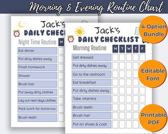 May include: A printable PDF kids' daily checklist with morning and evening routine charts. The checklist includes tasks like eating dinner, brushing teeth, and getting dressed. Features include an editable font and a 4-option bundle.