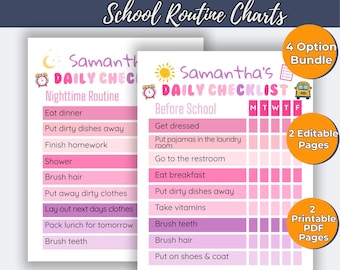 May include: Two pink and white printable daily checklists for kids, labeled "Samantha's Daily Checklist" with "Before School" and "Nighttime Routine" sections. Includes a bundle option, editable pages, and PDF pages.