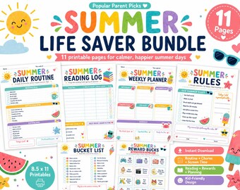 Paquete de rutinas de verano para niños, tabla de tareas imprimible, lista de control de tiempo frente a la pantalla, registro de lectura, tabla de recompensas, planificador de verano para niños imprimible