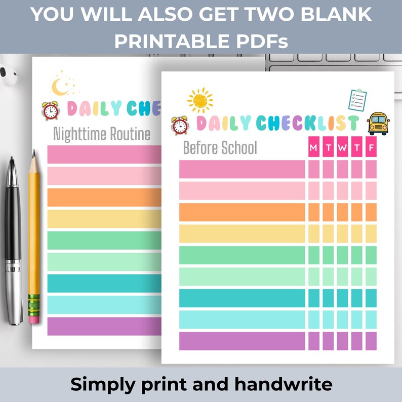 Puede incluir: Dos archivos PDF imprimibles de listas de verificaci&oacute;n diarias. Uno es para una rutina nocturna y el otro para antes de la escuela. Las listas de verificaci&oacute;n tienen rayas horizontales coloridas e incluyen el texto "Daily Checklist" y "Simply print and handwrite."