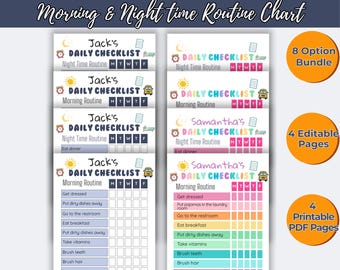 May include: A digital kids' daily checklist template with morning and night routines. The design includes editable pages and printable PDF pages. The checklist features spaces for tasks like getting dressed, eating breakfast, and brushing teeth.