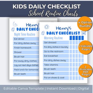 Editable Kids Daily Checklist: Blue Morning Routine Chart and Night Routine Chart (Digital Download) Daily Schedule ADHD Daily Routine Chart
