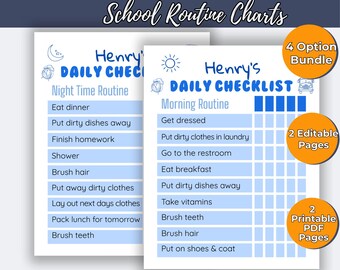 Op de afbeelding: Twee afdrukbare dagelijkse checklist sjablonen voor kinderen met blauwe en witte tekst. Eén checklist is voor een avondroutine en de andere voor een ochtendroutine. De checklists bevatten taken zoals tandenpoetsen en ontbijten. De afbeelding bevat ook de tekst "4 Option Bundle", "2 Editable Pages" en "2 Printable PDF Pages".