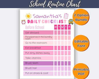 Op de afbeelding: Een afdrukbare dagelijkse checklist voor kinderen in roze en paarse tinten. De checklist bevat taken zoals aankleden, ontbijten en tandenpoetsen. De tekst luidt "KIDS DAILY CHECKLIST" en "School Routine Chart".