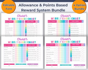 Puede incluir: Un paquete de cuatro tablas de tareas semanales con un diseño colorido. Las tablas incluyen secciones para tareas diarias, tareas semanales y recompensas. El texto incluye "Olivia's Weekly Chore Chart" y "Allowance & Points Based Reward System Bundle."