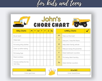 Puede incluir: Un gráfico de tareas amarillo y blanco para niños y adolescentes, con ilustraciones de vehículos de construcción. El gráfico incluye secciones para tareas diarias y semanales, con espacio para ingresar metas y recompensas. Texto: "Daily, Weekly CHORE CHART".