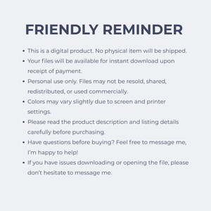 Puede incluir: Fondo blanco con el texto "FRIENDLY REMINDER" en azul oscuro. La imagen detalla informaci&oacute;n sobre un producto digital, incluyendo descarga instant&aacute;nea, uso personal y datos de contacto.