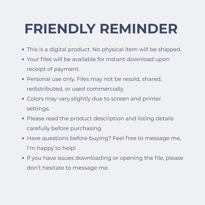Puede incluir: Fondo blanco con el texto "FRIENDLY REMINDER" en azul oscuro. La imagen detalla informaci&oacute;n sobre un producto digital, incluyendo descarga instant&aacute;nea, uso personal y datos de contacto.