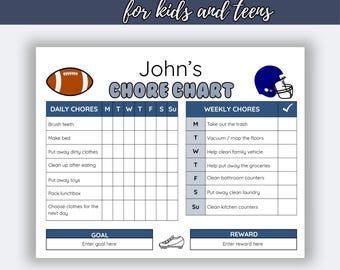 Puede incluir: Un gráfico de tareas imprimible para niños y adolescentes, con un balón de fútbol americano y un casco. El gráfico incluye secciones para tareas diarias y semanales, con espacios para metas y recompensas. El texto dice "Daily, Weekly CHORE CHART for kids and teens" y "John's CHORE CHART".