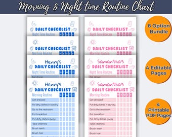Puede incluir: Una lista de verificación diaria digital imprimible para niños con rutinas matutinas y nocturnas. La lista incluye plantillas editables para Henry y Samantha, con opciones para 8 paquetes y 4 páginas editables. El diseño es en azul y rosa.
