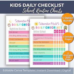 May include: Colorful kids' daily checklist with "Samantha's Daily Checklist" header. Includes before school and nighttime routines with tasks like "Get dressed" and "Eat dinner." Features a bundle option, editable pages, and printable PDF pages.
