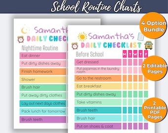 Editable Kids Daily Checklist: Morning School Routine Chart Rainbow Girls Nighttime Routine Chart Bedtime Routine Checklist Visual Schedule,