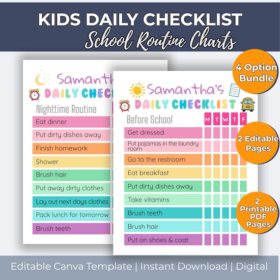 Editable Kids Daily Checklist: Morning School Routine Chart Rainbow Girls Nighttime Routine Chart Bedtime Routine Checklist Visual Schedule,