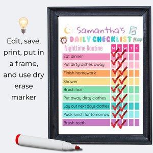 May include: A framed daily checklist for a nighttime routine, featuring colorful blocks for each task. The checklist includes tasks like eating dinner, brushing teeth, and finishing homework. A dry erase marker is included.