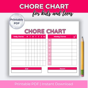 Kids Chore Chart PDF: Daily and Weekly Responsibility Checklist Pink Girls (Printable PDF)