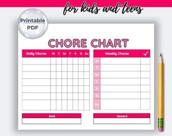 Puede incluir: Un gráfico de tareas imprimible para niños y adolescentes. El gráfico presenta un diseño rosa y blanco con secciones para tareas diarias y semanales, metas y recompensas. Un lápiz amarillo está a la derecha.