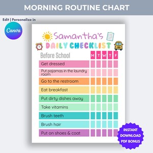 Puede incluir: Un colorido cuadro de rutina matutina con el texto "Morning Routine Chart" en la parte superior. El cuadro incluye una lista de verificaci&oacute;n diaria con tareas como "Get dressed" y "Brush teeth". El cuadro est&aacute; dise&ntilde;ado para ser editado y personalizado en Canva.