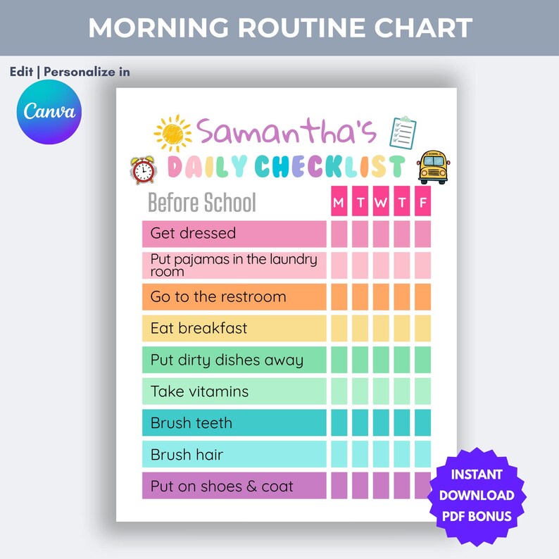 Puede incluir: Un colorido cuadro de rutina matutina con el texto "Morning Routine Chart" en la parte superior. El cuadro incluye una lista de verificaci&oacute;n diaria con tareas como "Get dressed" y "Brush teeth". El cuadro est&aacute; dise&ntilde;ado para ser editado y personalizado en Canva.