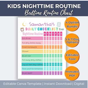 Op de afbeelding: Een kleurrijke bedtijdroutinekaart voor kinderen, met een dagelijkse checklist met taken zoals avondeten en tandenpoetsen. Inclusief opties voor 4-daagse en 5-7-daagse bundels, een bewerkbaar lettertype en een afdrukbare PDF. Ontworpen voor digitale download.