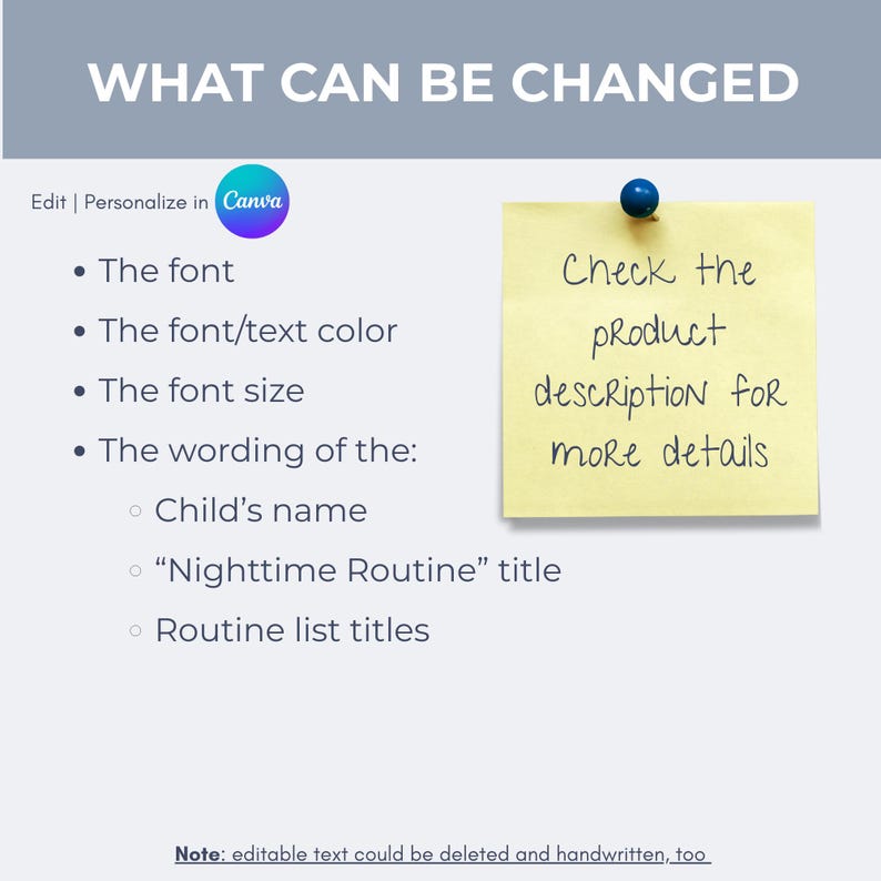 May include: A light blue graphic with the text "WHAT CAN BE CHANGED" at the top. The image lists editable features: font, font/text color, font size, and wording of the child's name, "Nighttime Routine" title, and routine list titles. A yellow sticky note says "Check the product description for more details."