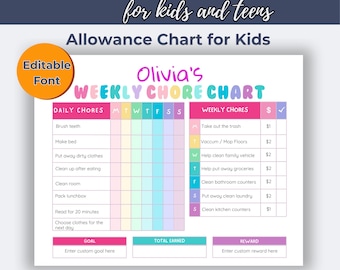 Puede incluir: Un colorido cuadro de tareas para niños y adolescentes, con un diseño semanal para tareas diarias y semanales. El cuadro incluye secciones para metas, ganancias totales y recompensas, con el texto "Olivia's Weekly Chore Chart".