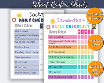 Op de afbeelding: Twee afdrukbare dagelijkse checklist sjablonen voor kinderen met kleurrijke tekst en een schoolthema. Eén checklist is voor "Jack" en de andere voor "Samantha". De checklists bevatten taken zoals aankleden, ontbijten en tandenpoetsen. De afbeelding bevat ook de tekst "Bewerkbare Canva-sjabloon | Direct downloaden | Digitaal".