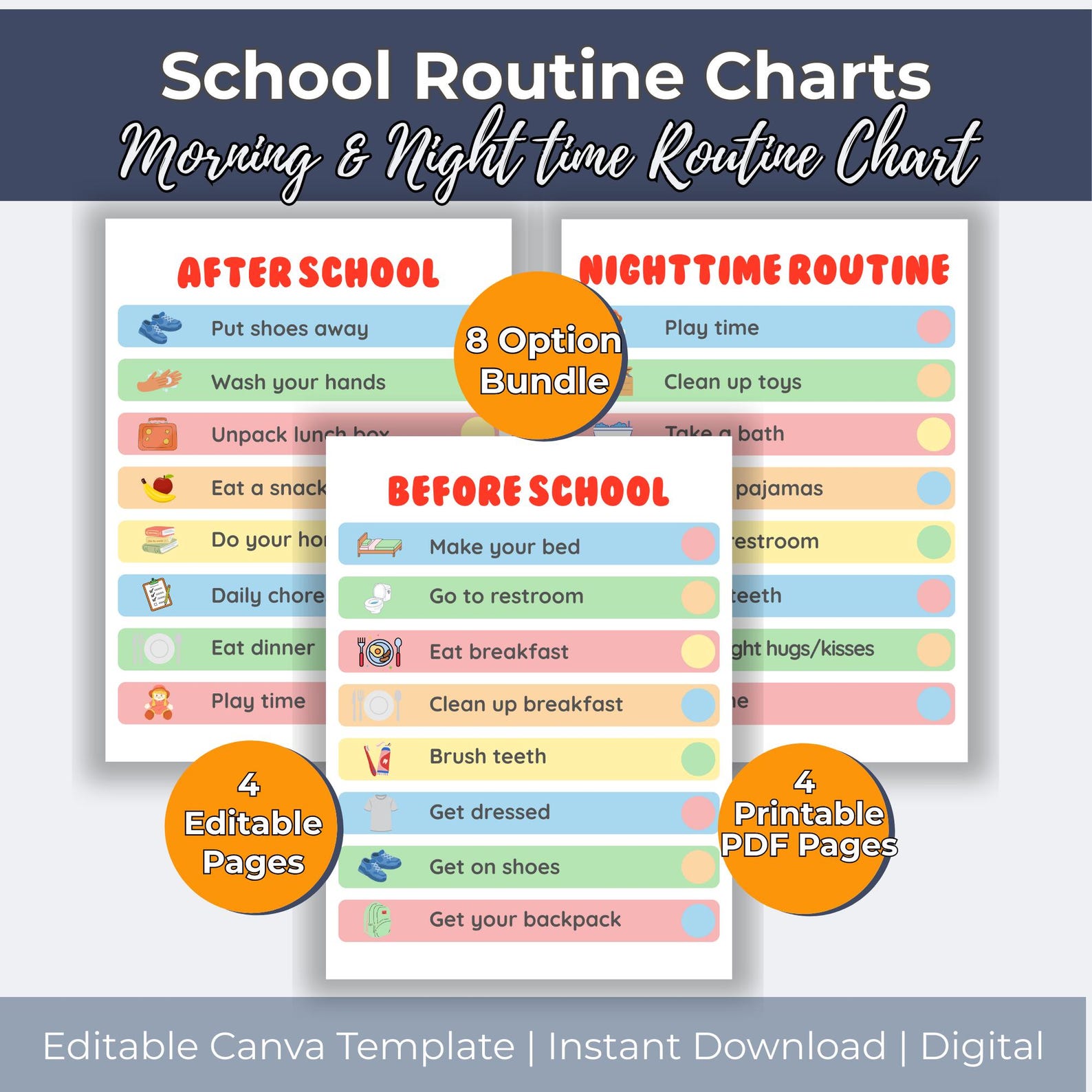 School Life Routine Chart Editable Kids Daily School Schedule Checklist School Routine Chart ...
