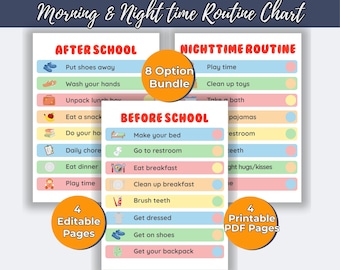 Op de afbeelding: Kleurrijke schoolroutinekaarten met titels voor Na school, Voor school en Nachtroutine. De kaarten bevatten bewerkbare pagina's en afdrukbare PDF-pagina's. De tekst bevat "School Routine Charts" en "Morning & Night time Routine Chart."
