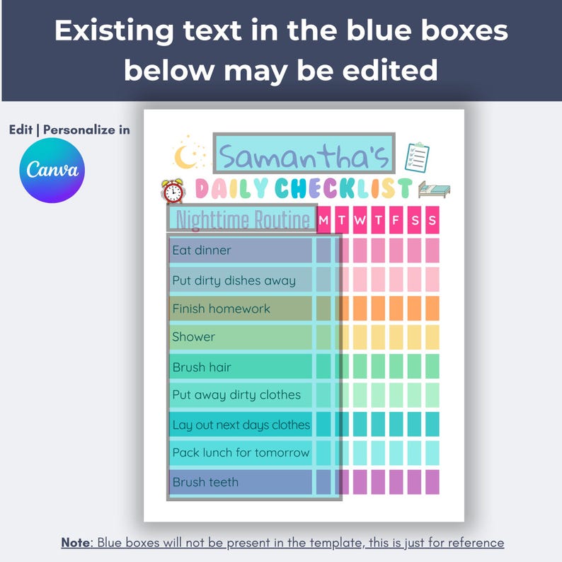 Puede incluir: Una plantilla de lista de verificaci&oacute;n diaria imprimible con el texto "Samantha's DAILY CHECKLIST Nighttime Routine". La lista de verificaci&oacute;n incluye tareas como "Eat dinner", "Brush teeth" y "Pack lunch for tomorrow". La plantilla tiene casillas de colores.