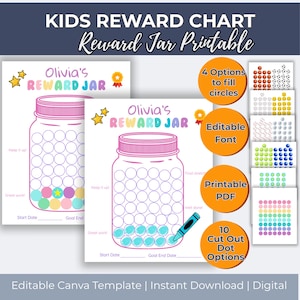 May include: A digital reward chart printable for children, with a pink jar design and the text "Olivia's Reward Jar." The chart includes options for filling circles, an editable font, and a printable PDF. It also offers 10 cut-out dot options.