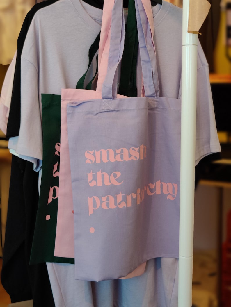 Bolso tote "Aplasta el patriarcado", bolso retro vintage de yute de algodón orgánico de comercio justo, feminismo antifascista, patriarcado unisex de izquierda Lavendel