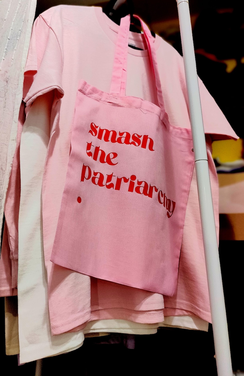 Bolso tote "Aplasta el patriarcado", bolso retro vintage de yute de algodón orgánico de comercio justo, feminismo antifascista, patriarcado unisex de izquierda Rosa