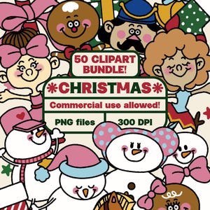May include: A digital Christmas clipart bundle featuring various festive characters like snowmen, gingerbread people, and a toy soldier. The image includes text that reads "50 Clipart Bundle! Christmas Commercial use allowed! PNG files 300 DPI."