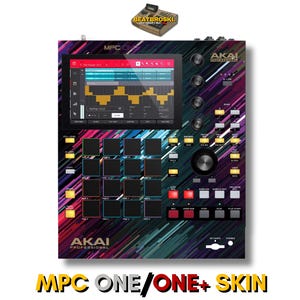 May include: An Akai MPC One music production centre with a colourful skin. The device has a large screen, numerous pads, buttons, and knobs. The skin features a vibrant design with pink, blue, and green hues. The text "MPC ONE/ONE+ SKIN" is at the bottom.