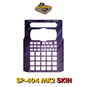 May include: A purple and blue patterned skin for the SP-404 MK2 sampler. The skin features a grid of square buttons and a large central cutout. The text "SP-404 MK2 SKIN" is displayed in yellow and red. A logo for "BEATBROSKI" is in the upper right.