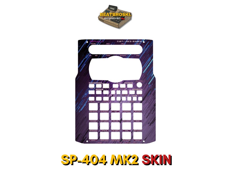May include: A purple and blue patterned skin for the SP-404 MK2 sampler. The skin features a grid of square buttons and a large central cutout. The text "SP-404 MK2 SKIN" is displayed in yellow and red. A logo for "BEATBROSKI" is in the upper right.