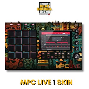 May include: A colourful skin for the Akai MPC Live 1, featuring a tribal design with a red, yellow, green and blue colour scheme. The skin has the text "MPC LIVE" on it.