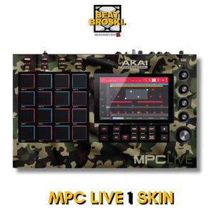 May include: A camouflage-patterned skin for the Akai MPC Live 1, featuring the text "MPC LIVE" in white letters. The skin is designed to fit the Akai MPC Live 1, a popular music production device.