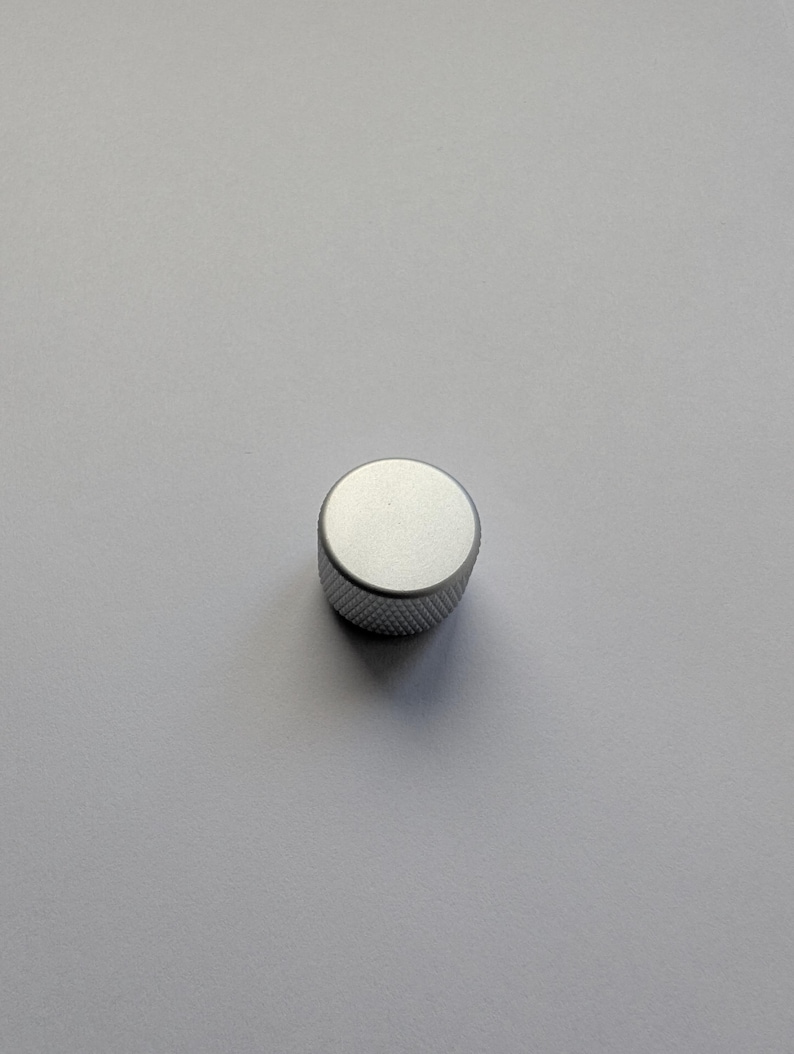 Peut inclure: Un petit bouton argent&eacute; avec un bord textur&eacute; et stri&eacute; et un dessus lisse et plat. Le bouton est cylindrique et semble &ecirc;tre en m&eacute;tal. Le fond est une surface grise claire unie.