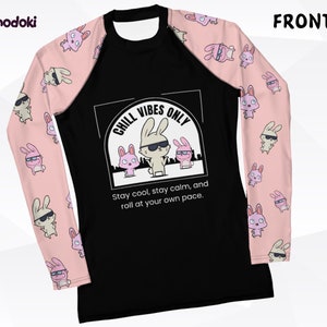 Chill Vibes Only Women&#39;s BJJ Rash Guard, Jiu Jitsu Rash Guard, Grapple Gear, MMA Top, No gi, Wrestling Shirt for Women, Swimwear, Swim Top