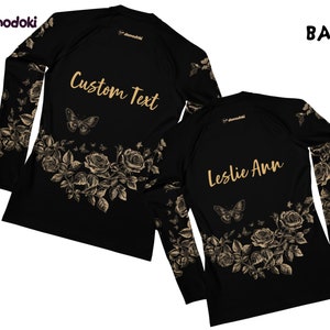 Custom Rose & Butterfly Women&#39;s BJJ Rash Guard, Personalized Name Jiu Jitsu Rash Guard, Grapple Gear, Martial Arts Wrestling Shirt, Swimwear