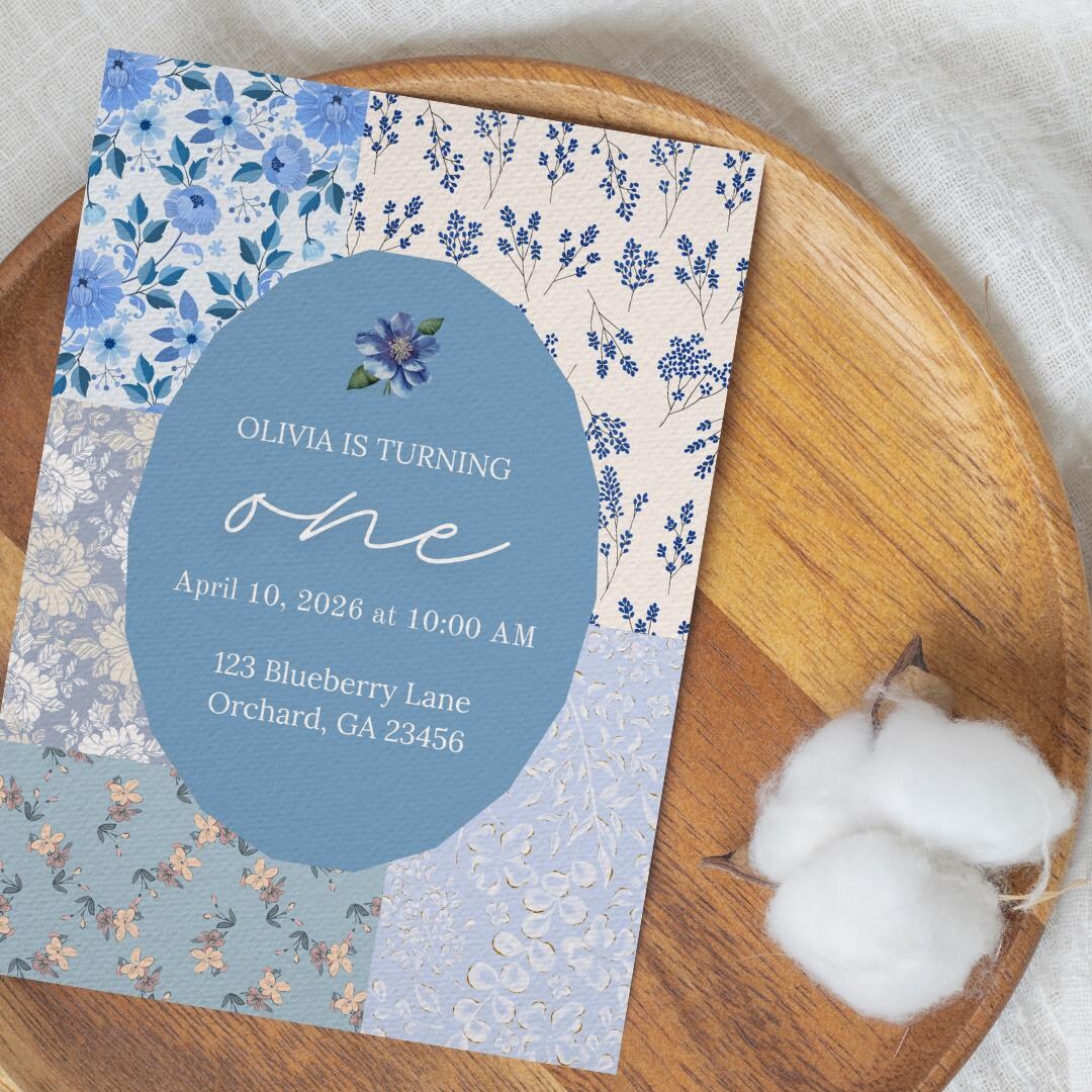 Editable Cottagecore Invitation | Vintage Blue Quilt Pattern Party ...