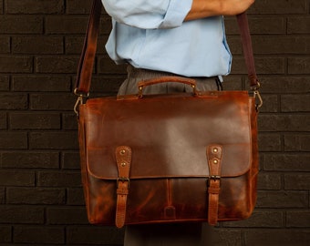 Leather Messenger Bag Briefcase for Men, Full Grain Leather Briefcase Laptop Computer Bag for Men, Genuine Leather Satchel Bag For Men